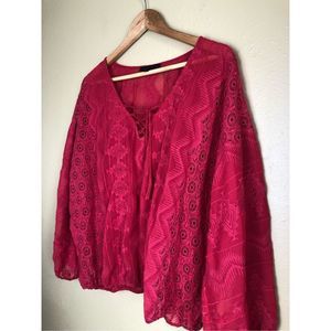 Sanctuary Red Lace Embroidered Top Blouse Tie Bodice Tassels Size XL
